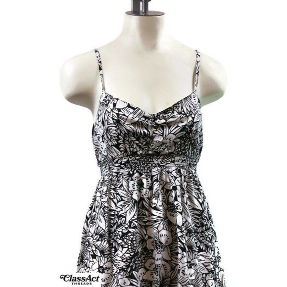 Aeropostale Floral Long Dress Black Womens Hot Pink Trim Spaghetti Strap Sz M - Picture 2 of 6